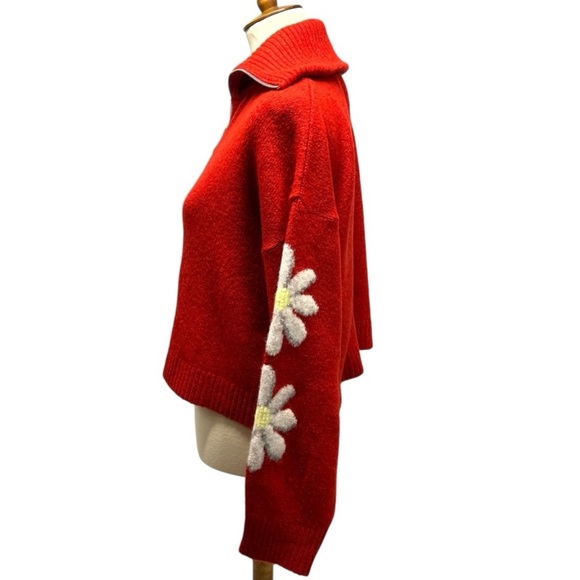 TOPSHOP Red Daisy Quarter Zip Collared Crop Cozy Knit Sweater Womens 10 - Picture 9 of 15